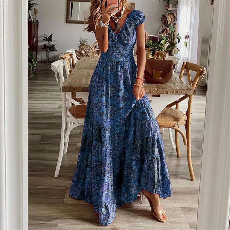 2026 European and American cross-border new bohemian style waist-cinching long with printed large hem women's dress