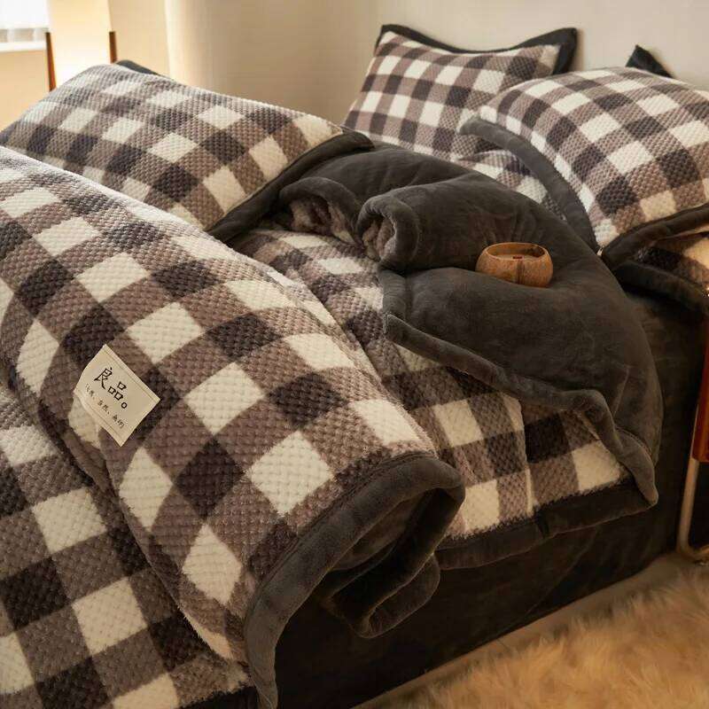 2025 new plaid color matching milk fleece four-piece double-sided winter thickened warm bedding kit household H260312