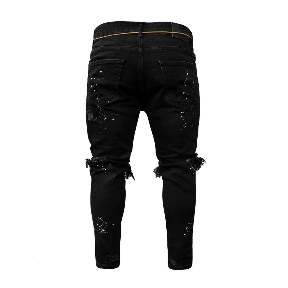 Men Long Jeans Pants Denim Pencil Pant Hole Splice Simple Slim Fit Zipper Lace Up Tight Waist Straight Trousers Autumn 26Y0312