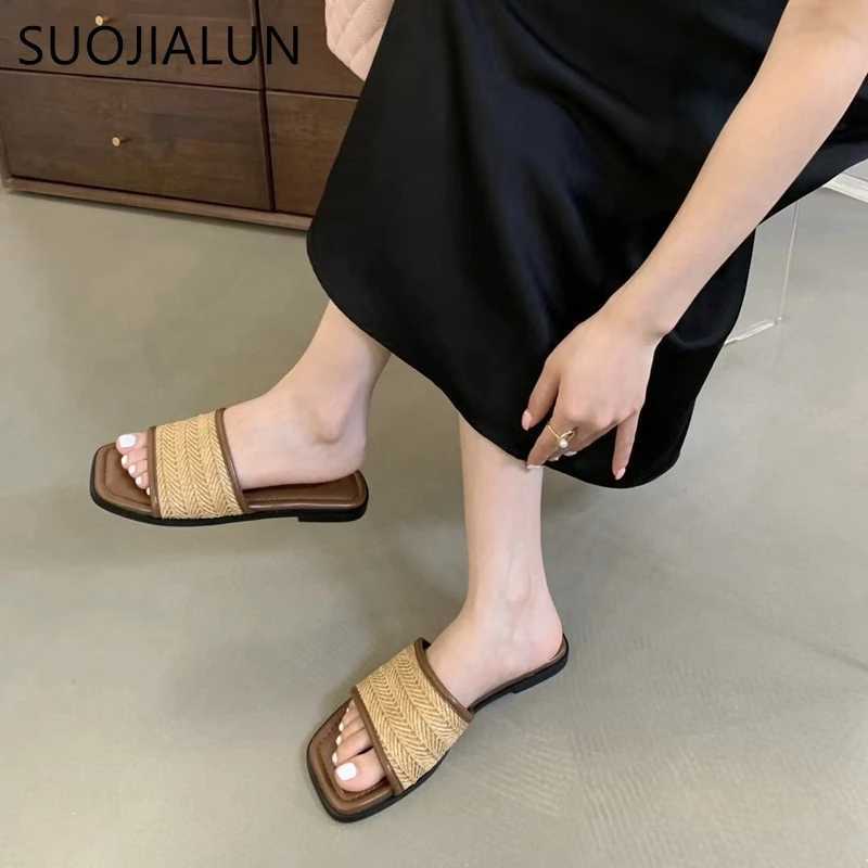 SUOJIALUN Summer New Women Slipper Fashion Square Toe Open Toe Slip On Slides Soft Flat Heel Ladies Vaction Outdoor Shoes K260312