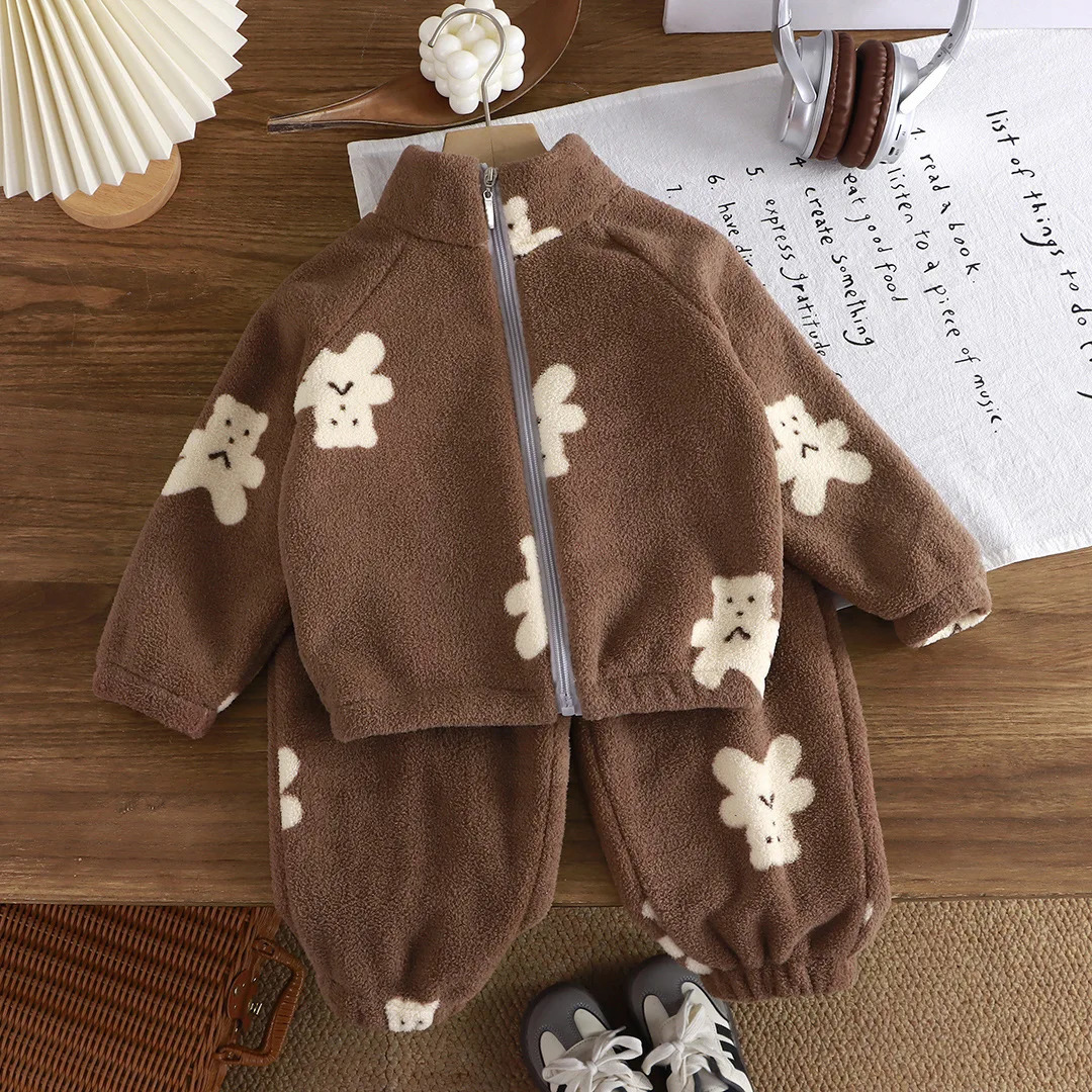 Baby Girl clothes plush thickened twopiece set of fleece cartoon casual home childrens tops and bottom sets 260311