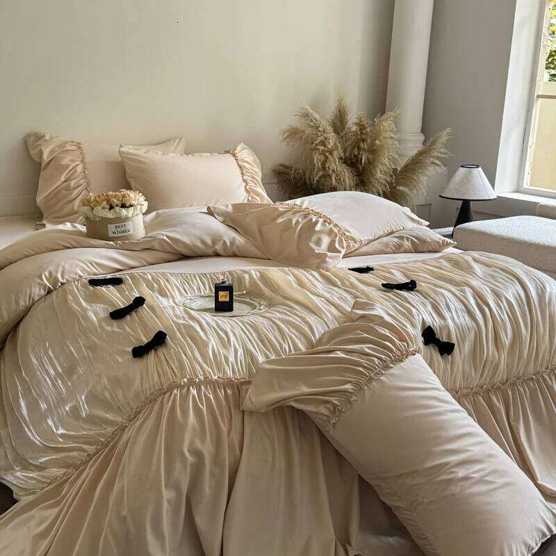 Vintage French Large Ruffles Black Bow Princess Bedding Duvet Cover Set Flat/Fitted Bed Sheet Pillowcases 4Pcs H260312