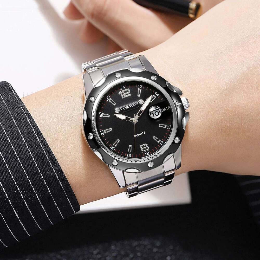 VA VOOM Brand Business Men Watch Classic Stainless Steel Silver Black Quartz Movement 43mm Diving RO Series Sports Wristwatch
