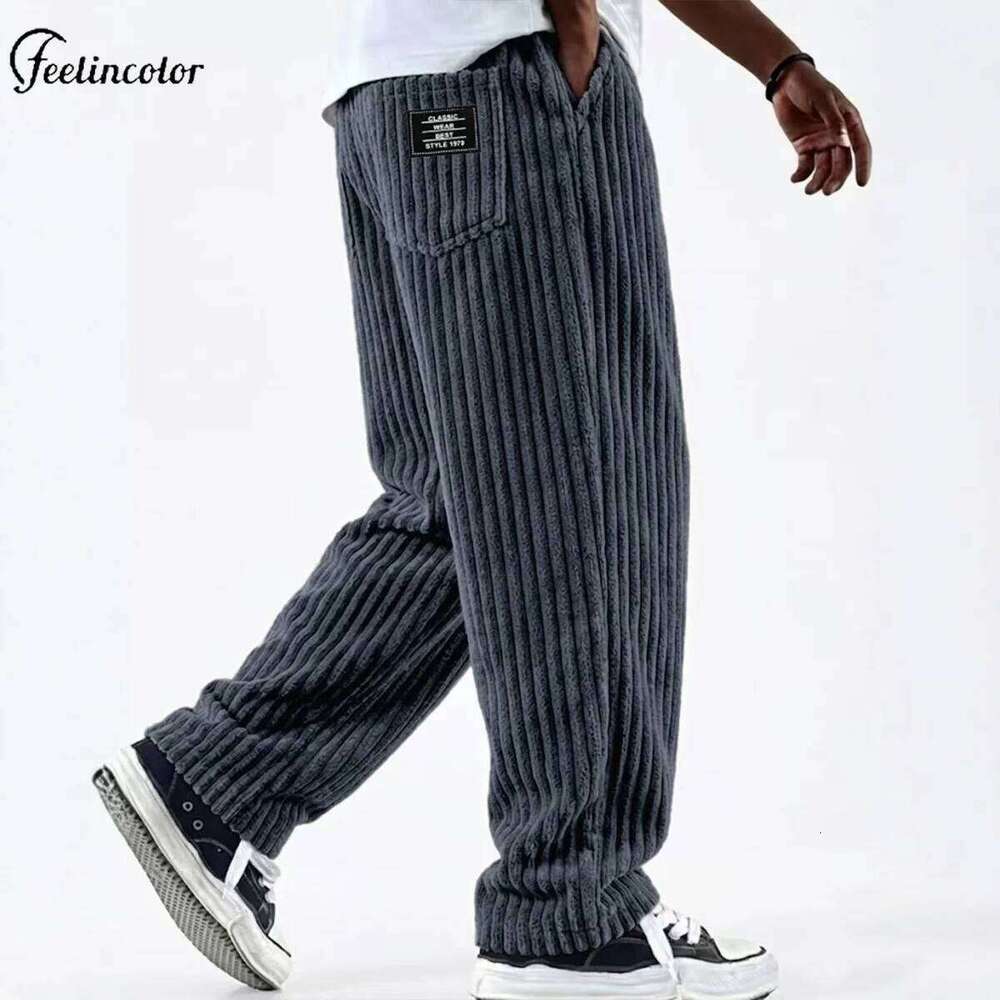 Retro Vertical Striped Men's Pants Corduroy Autumn Casual Pocket Trousers Loose Straight Bottoms Fashion Sports Male Clothing