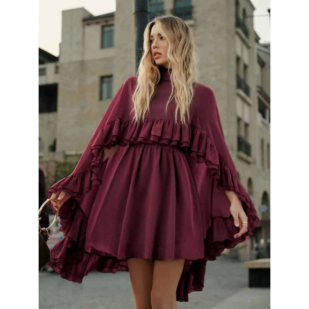 Sexy V-neck Sling Mini Skirt & Ruffle Cape Outfits Fashion Turtleneck Solid Color Loose 2Pc Suit Women Elegant Draped Party Set Asia Size