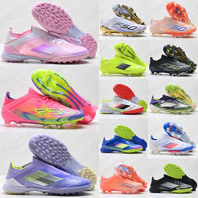 Free shipping with box f50 football boots designer men women soccer cleats shoes pink white gold blue purple black green durable sneakers outdoor sports trainers