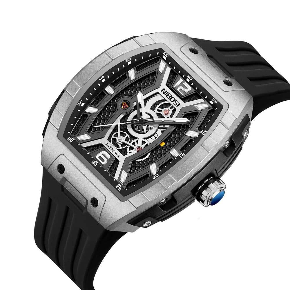 NIBOSI Analog Skeleton for Men Fashion Luxury Automatic Quartz Black Watches with Silicone Strap Luminous Reloj Hombre