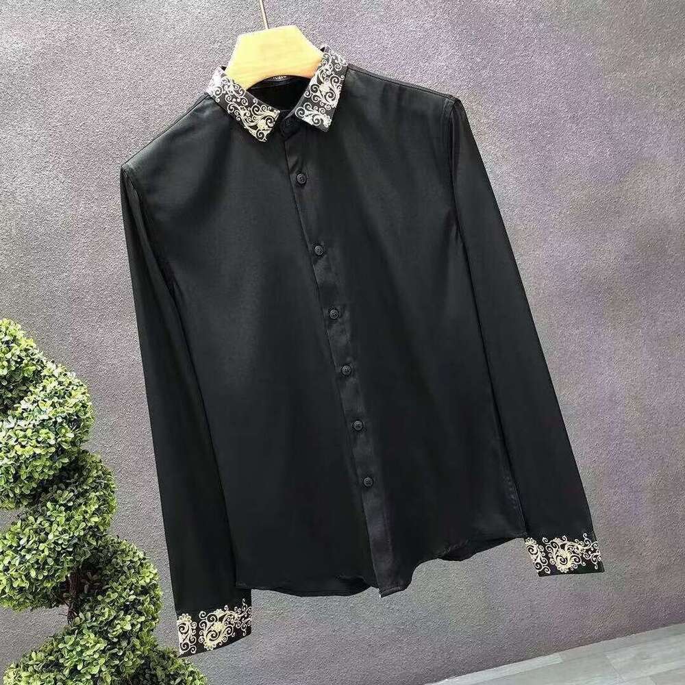 Style Light Luxury Summer Men's Square Collar Embroid Single Breasted Fashion Casual Long Sleeve Loose Shirts Tops