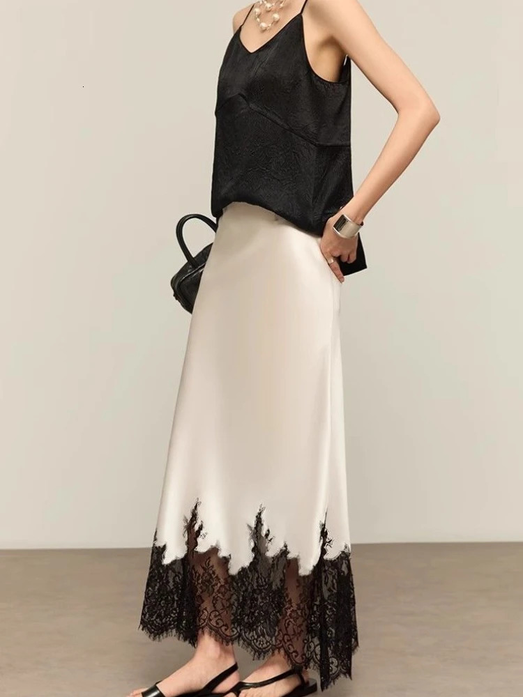 Elegant Lace-Trim Satin Midi Skirt Women Summer High Wasit Wrapped Hip Slim Long Skirts Fairy Fashion Office Women Clothing 260306