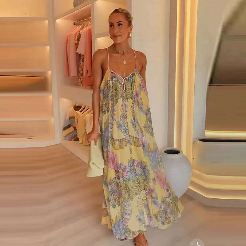 Women's 2025 New Fashion Print Loose V-neck Camisole Elegant Women Summer Travel Long Chic Youth Party Dress C260312