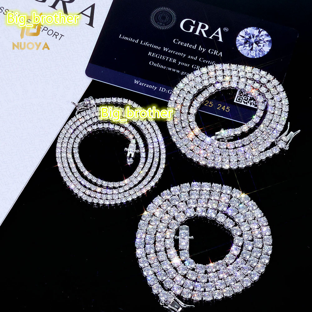 NUOYA Hip Hop Jewelry 925 Silver VVS Moissanite Tennis Chain Necklace 2/3/4 MM Iced Out Diamond Tennis Chain Pass Diamond Test