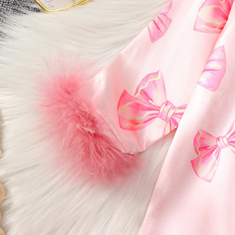 VISgogo Baby Girls Pajamas Long Sleeve Bow Print Furry Patchwork Button Closure Jumpsuit Sleepwear Loungewear 260311
