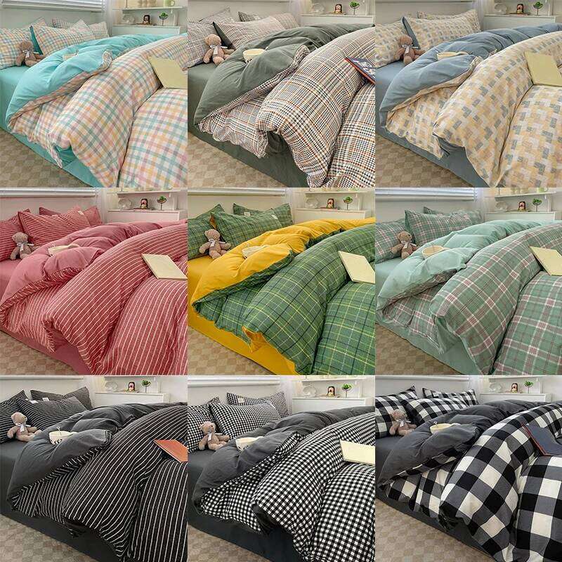 Simple grid Duvet Cover Set with Sheet Pillowcases Soft Skin Friendly Luxurious Cozy Bedding for single Double Bed parure de lit H260312