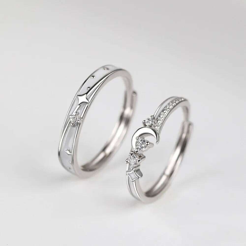 Trendy Charm 925 Sterling Silver Micro-inlay Zircon Star Moon Adjustable Couple Rings for Women Men Valentine's Day Jewelry Gift W260311