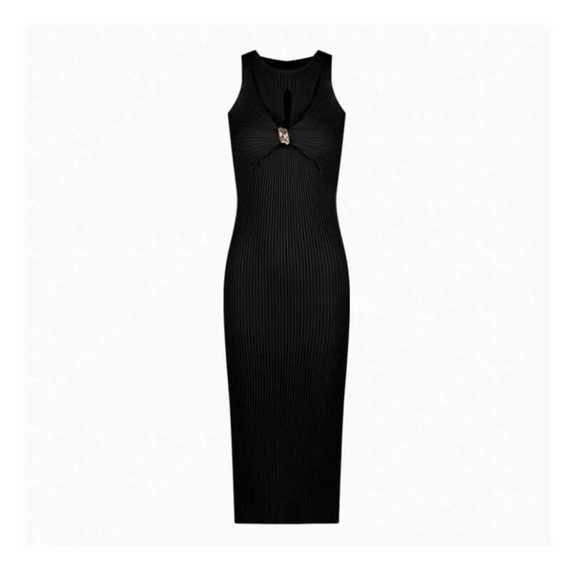 2026 new European and American niche sexy queen casual style sleeveless twist a25 button vertical stripe slim knit long skirt