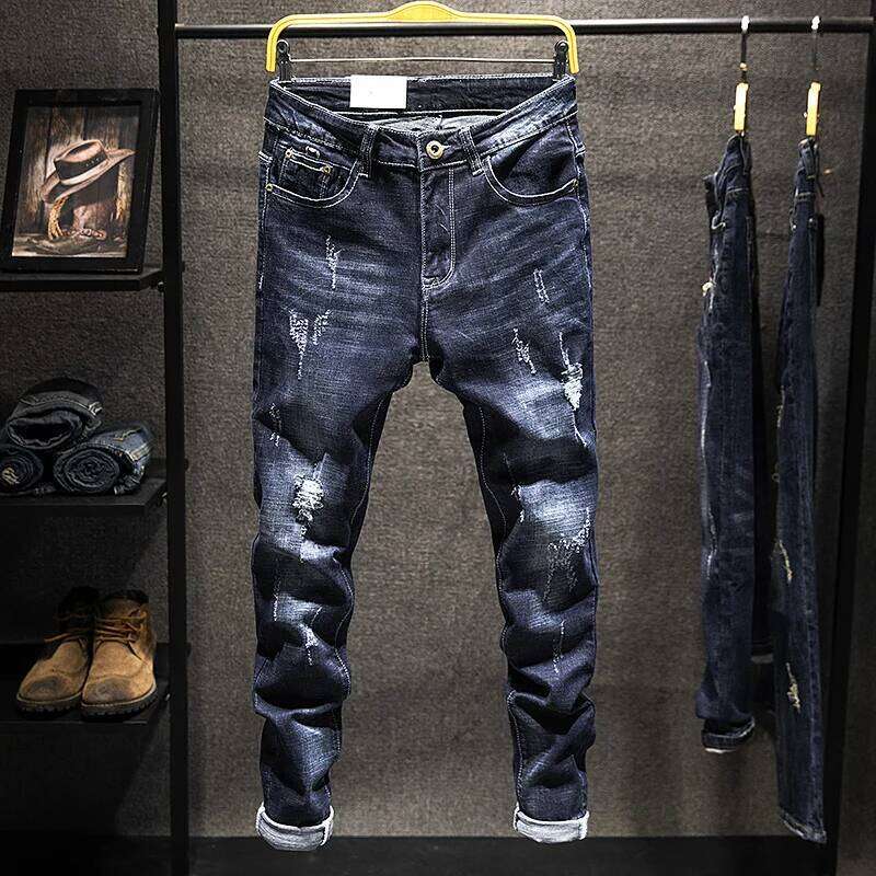 New Ripped Jeans Men Slim-fit Denim Pants Cotton Korean Style Fashion Elasticity Versatile Blue Black Men's Clothing 26Y0312