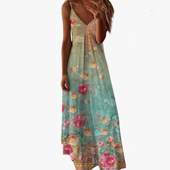 Cross-border European and American 3D digital print ocean-themed floral feather high-end women's pullover V-neck strap dress