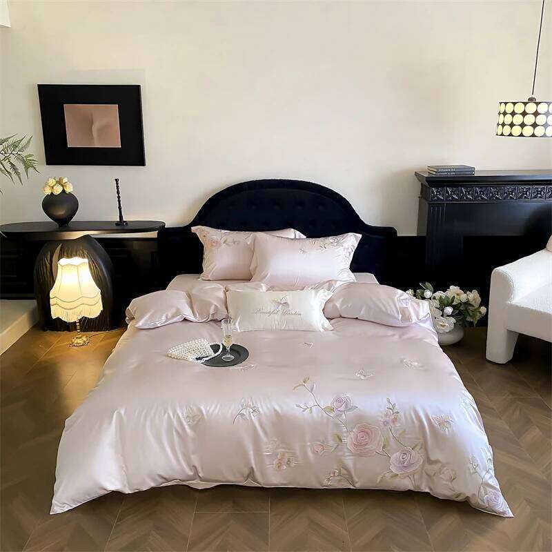 Pink Flowers Embroidery Brocade Egyptian Cotton Soft Silky Bedding Set Duvet Cover Flat/Fitted Bed Sheet Pillowcase 4Pcs H260312