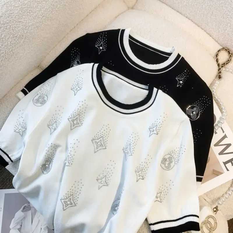 Fashion Diamond Knitted Shirts Women Summer Knit T-Shirts Short Sleeve Knitwear White Black Tops O-neck Thin Pullover NewT260312