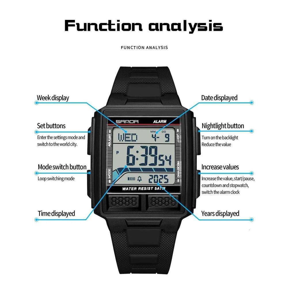 SANDA 2212 Youth Sports Electronic Watch 5ATM Waterproof Night Light Countdown Stopwatch Alarm Clock 3D Stereoscopic Case 2026