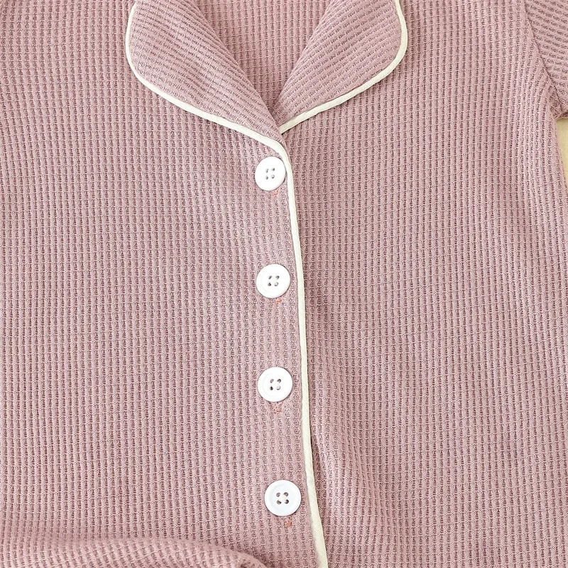 024months Baby Romper Pajama Lapel Neck Short Sleeve Trim Button Down Waffle Jumpsuit Infant Toddler Boys And Girls Sleepwear 260311