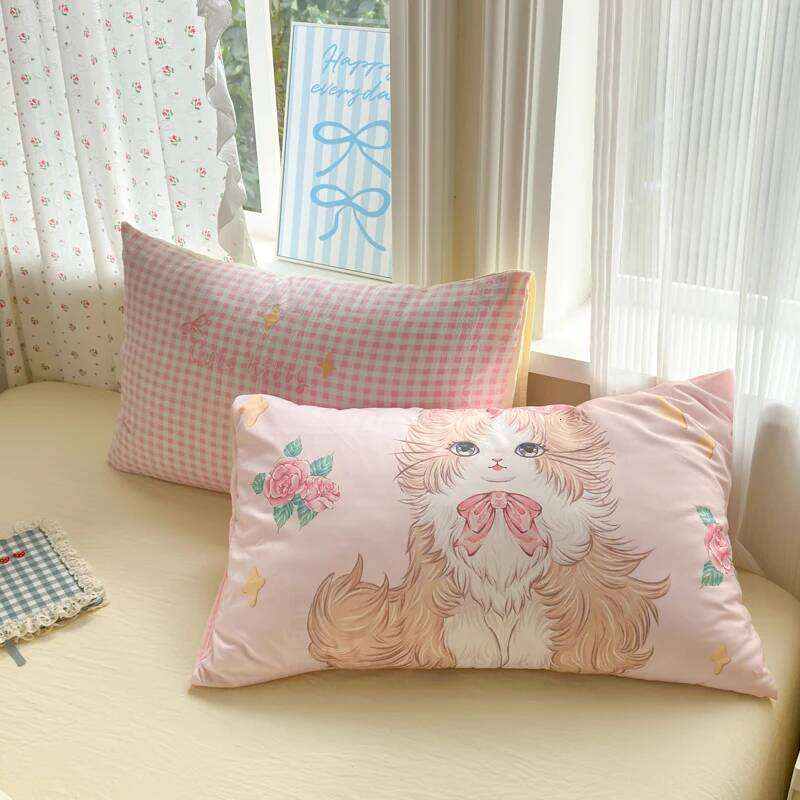 Cute Pink Cartoon Cat Bow Towel Embroidery Girls Kids Bedding Set Washed Cotton Soft Duvet Covers Bed Sheet Pillowcases 3/4Pcs H260312