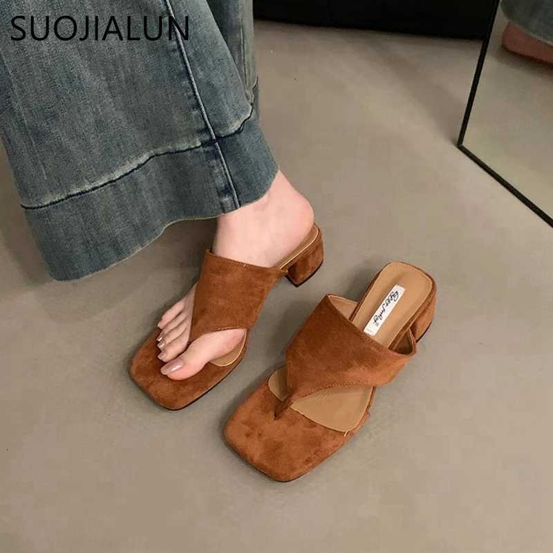 SUOJIALUN 2024 Summer New Women Slipper Fashion Med Square Heel Outdoor Slides Shoes Ladies Casual Vaction Flip Flops Sand K260312
