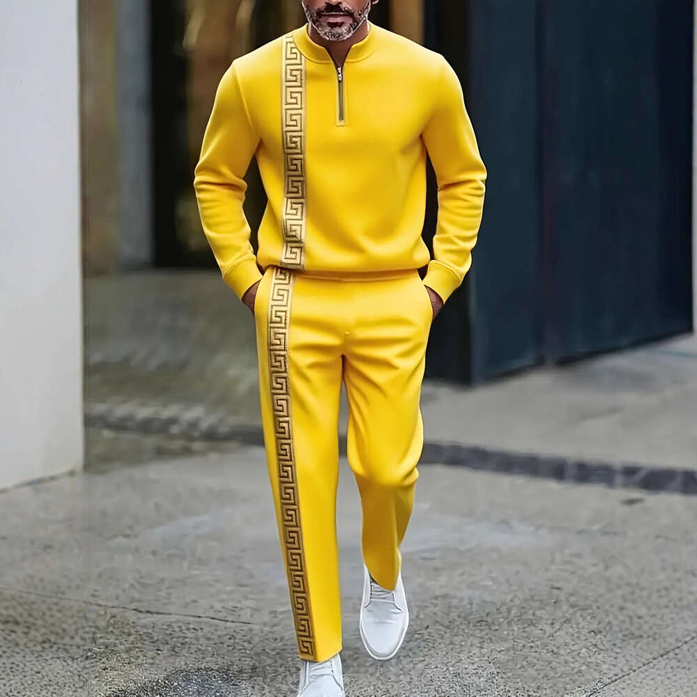 2025 European And American Amazon New Half-Open Zipper Pullover Casual Fashion Men's Sleeve Long Pants Set