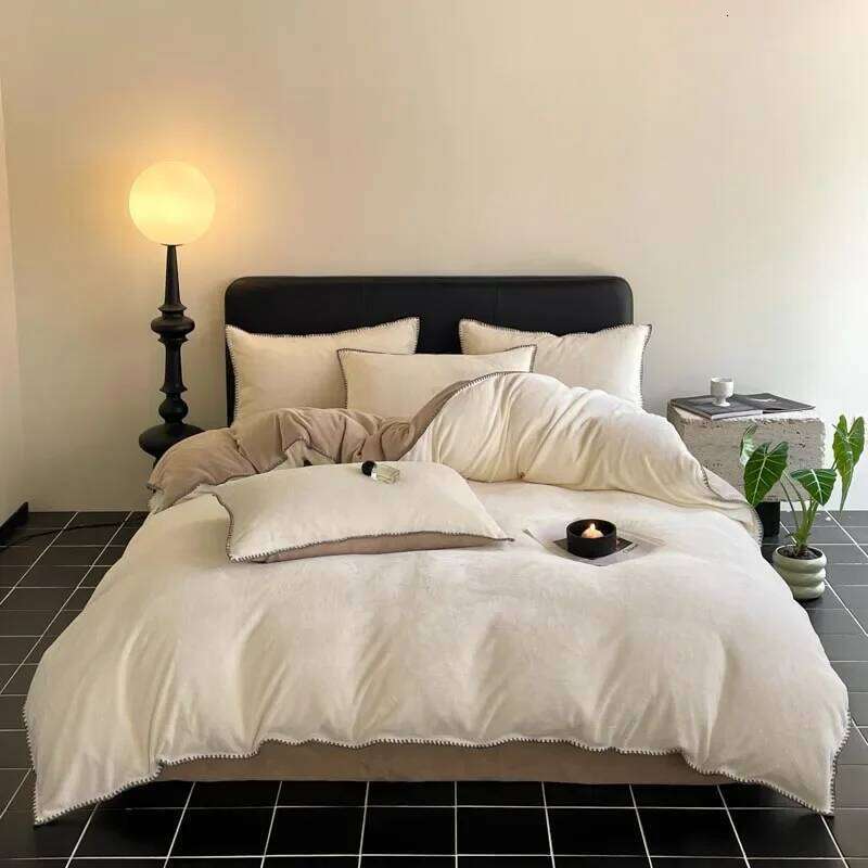 2024 new matte thin strip shell edge winter four-piece set milk coral fleece thickened warm bed sheet quilt cover H260312