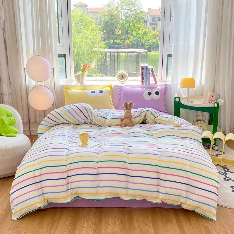 4pcs Simple Color Stripes Duvet Set Cute Green Pink Bedding Big Eye Pattern Pillowcases Comforter Cover with 1 Bed Sheet H260312