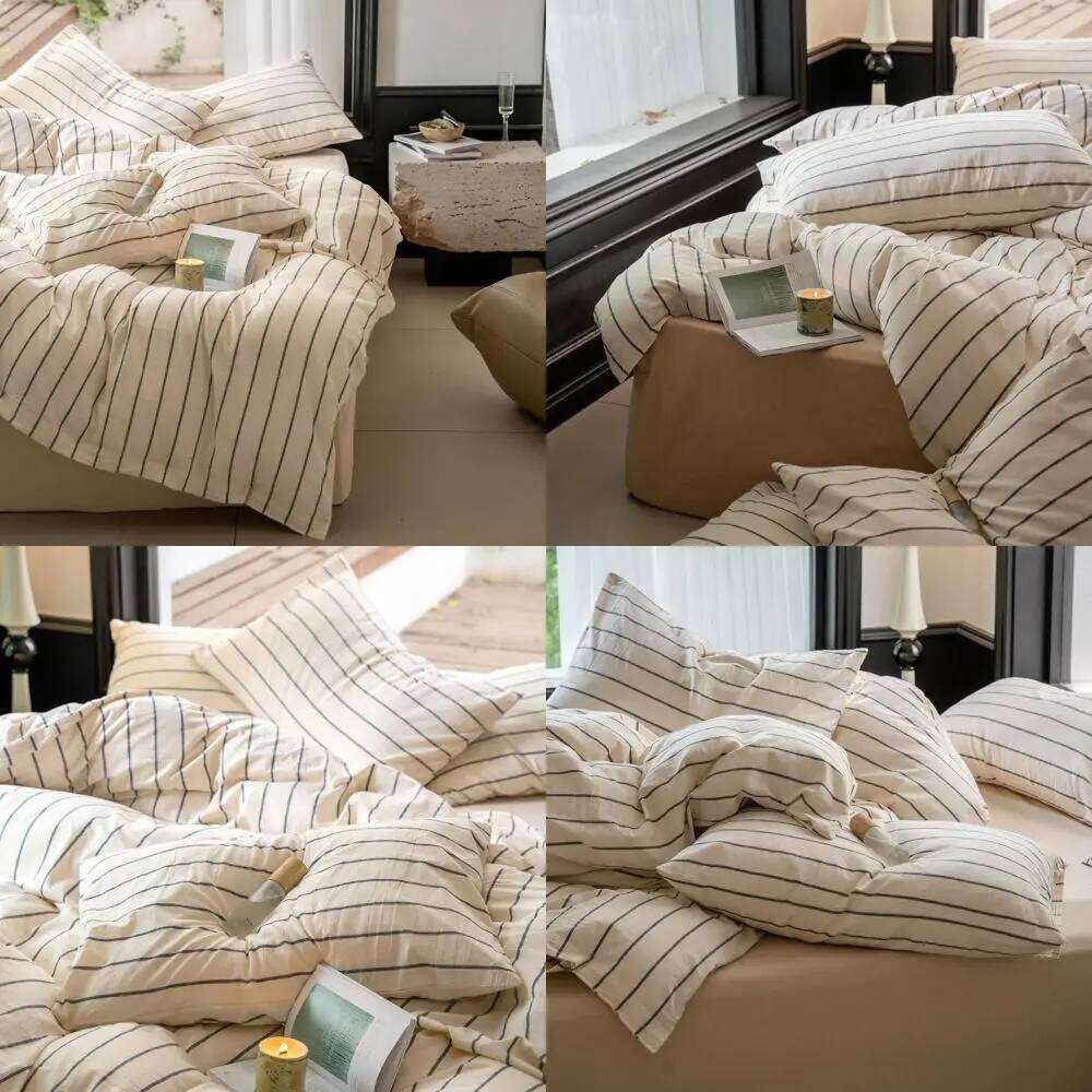 Queen Size Beige Cotton Striped Duvet Grey Stripes, 3-Piece Comforter Cover Set with Zippered Closure H260312