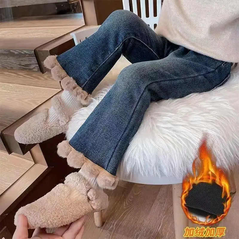 Girls Pants Fleece Jeans Autumn Winter Clothes for Baby Casual Stylish Outer Wear Flared Trousers Loungewear 260311