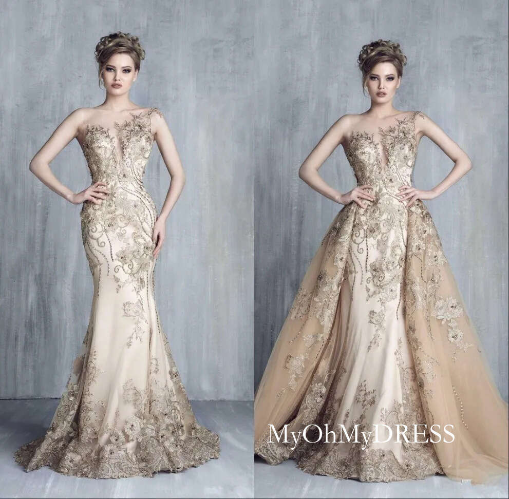 Tony Chaaya Evening Dresses With Detachable Train Champagne Beads Mermaid Prom Gowns Lace Applique Luxury Party Dress Vestidos De Novia D0311