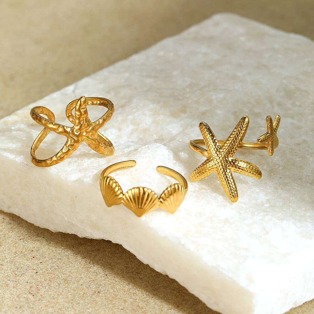 DGIDDK Stainless Steel Ring Set of 4 Resort Style Starfish Shell Women's Rings Summer Sunshine Beach Party Jewelry Gifts H260312