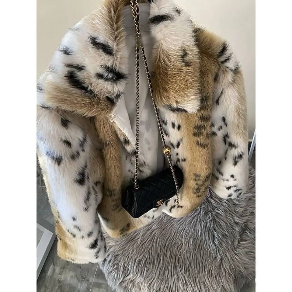 Luxury Faux Mink Leopard Bomber Jacket Thick Gradient Imitation Fox Fur Dots Printed Coat Furry Cardigan Parka Tops Abrigos