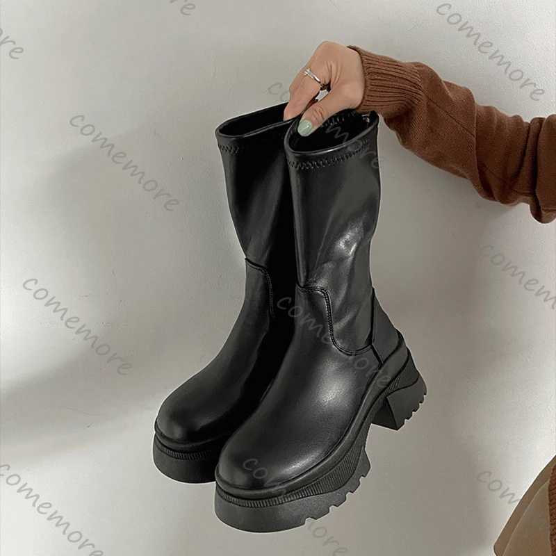 Comemore Chunky Platform Heel Women Ankle Boots Fashion Back Zippers Shoes Autumn Winter Black High Heel Leather Mid Calf Botas S260312