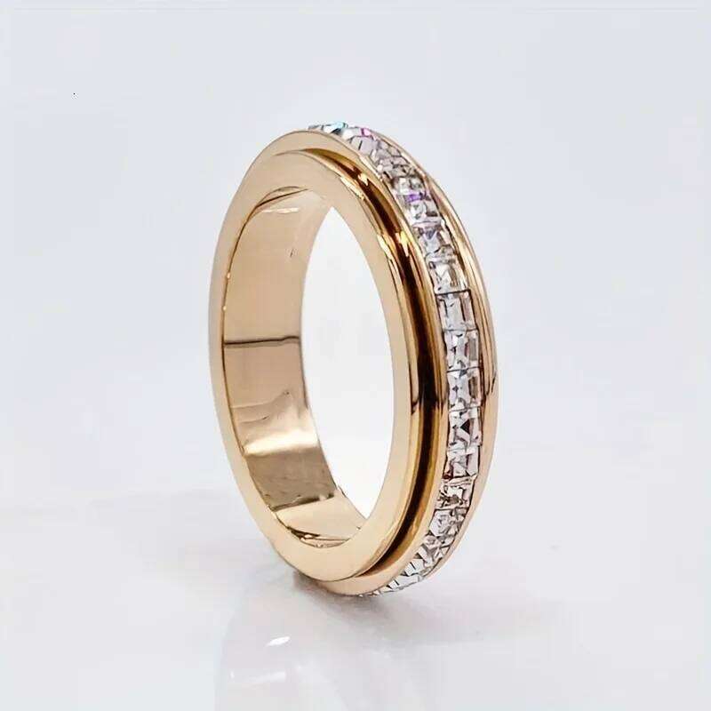 Elegant band ring made of stainless steel, set with shiny zircon, rotatable design, pressure relief H260312