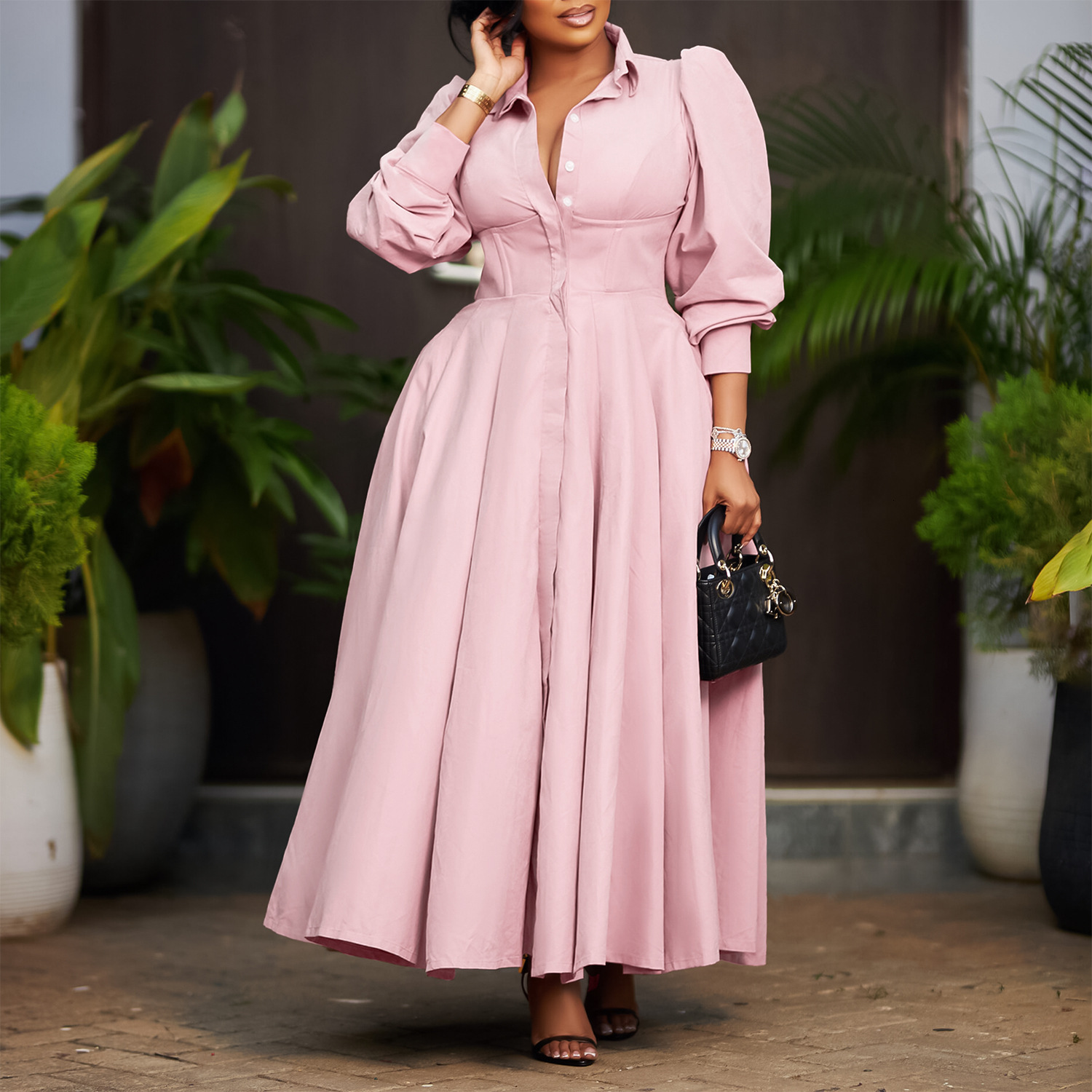 D570 Womens Elegant Long Sleeve Flared Shirt Dress Fashion Solid Color Mid-Length Dress