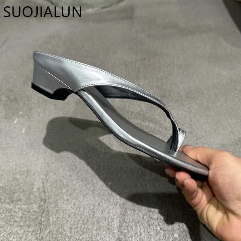 SUOJIALUN 2025 Summer New Women Slipper Fashion Narrow Band Ladies Elegant Flip Flop Square Low Heel Dress Slides Shoes K260312