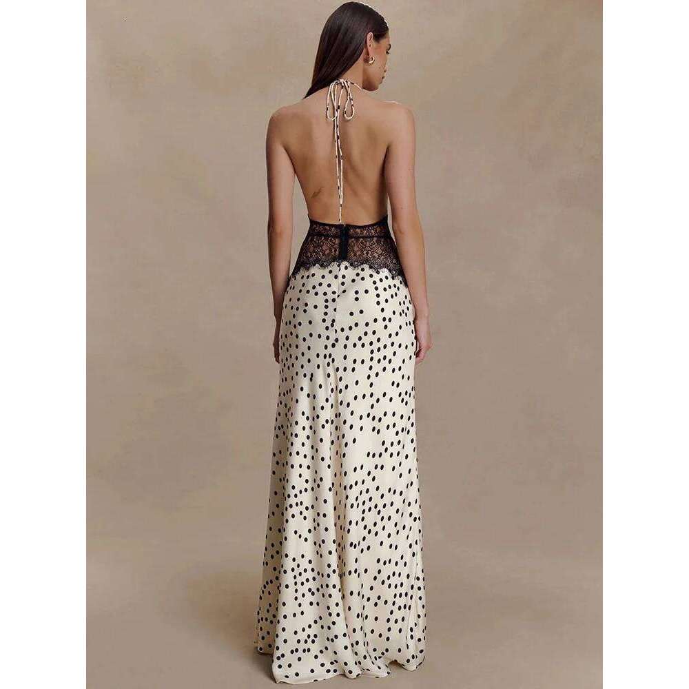 Mozision Polka Dot Backless Sexy Maxi Women Gown Elegant Patchwork Lace Halter Deep V Neck Sleeveless Bodycon Club Dress C260312