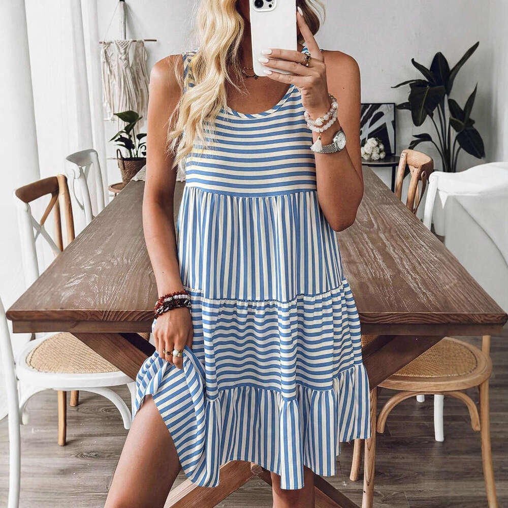 2025 Summer New Pullover Round Neck Loose Sleeveless Women, European and American Fashion Trend Striped Short Dress for Women