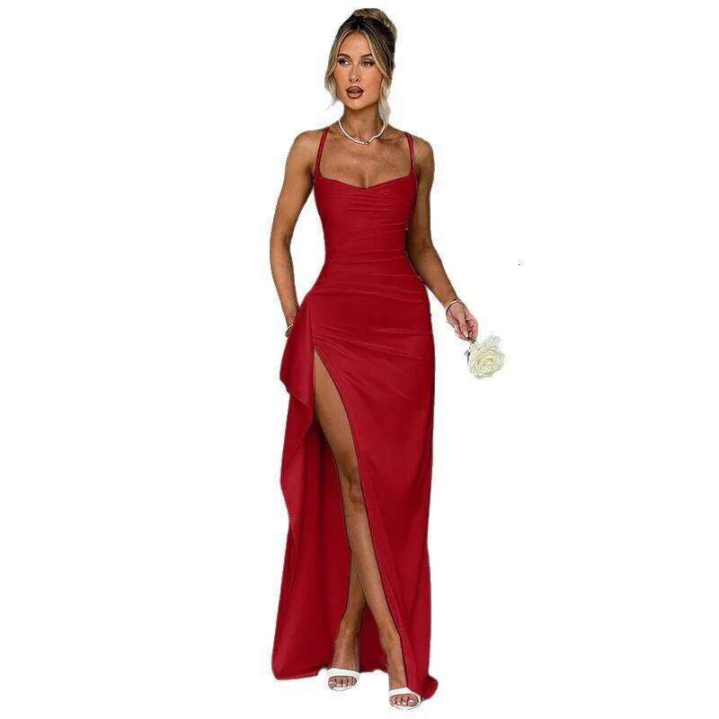 Fashion satin sexy slit suspender female ins European and American temperament slim dress C260312