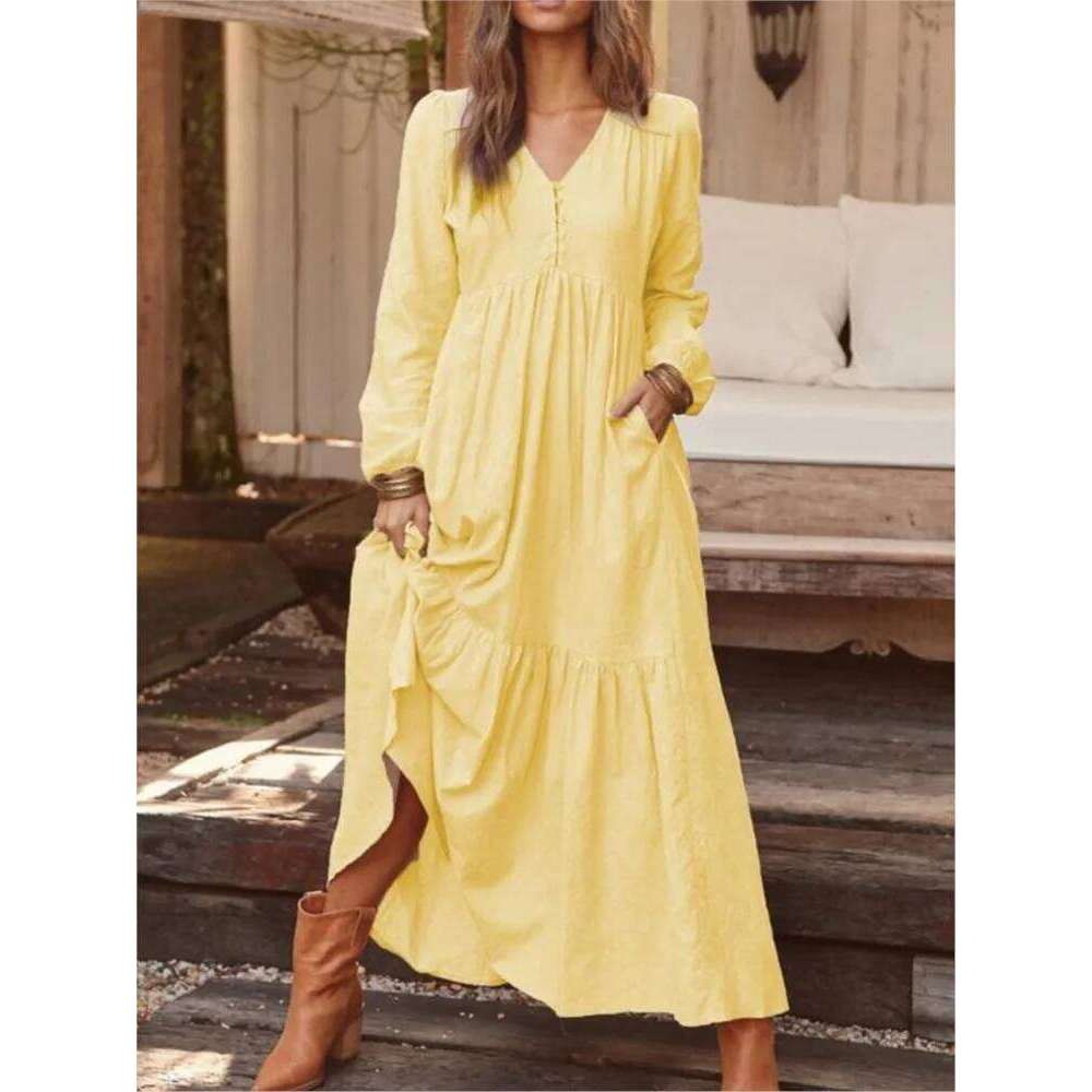 New Autumn Winter Women's Retro Fashion V-neck Button Long-sleeved Casual Wide Swing Cotton Long Dress C260312