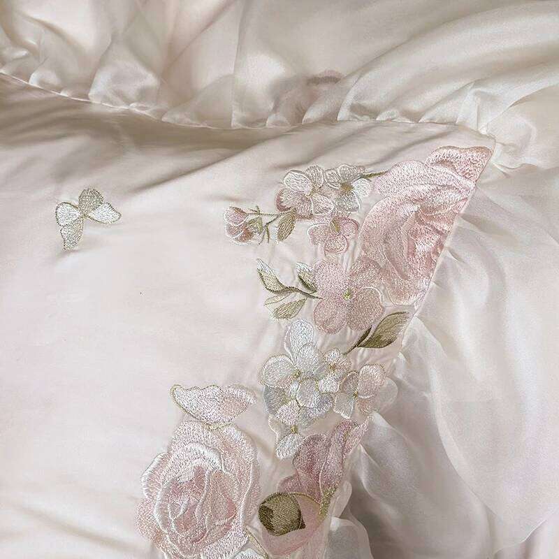 4Pcs Vintage French Lace Ruffles Flower Embroidery Lyocell Cotton Bedding Duvet Coves Set Bed Fitted Sheet Pillowcases H260312