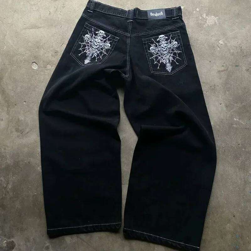 American Gothic Rock Skeleton Bone Letter Pattern Oversized Jeans Men's Y2K Street Hip Hop Harajuku Loose Wide Leg Work Pants 26Y0312