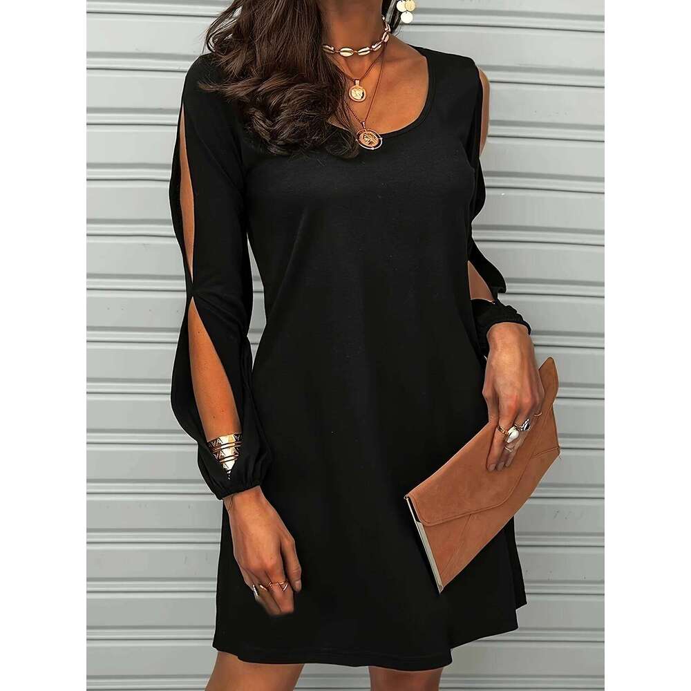 Plus Size Women's Black Long-Sleeve Cold-Shoulder Cutout Elastic Cuff Casual Mini Dress 2026 New C260312