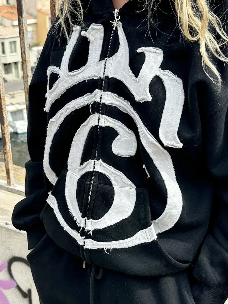 Y2K Clothing Fashion Letter Embroidery Patch Zipper Hooded Sweater Men Gothic Harajuku Hip Hop Casual Sweatshirt 260311