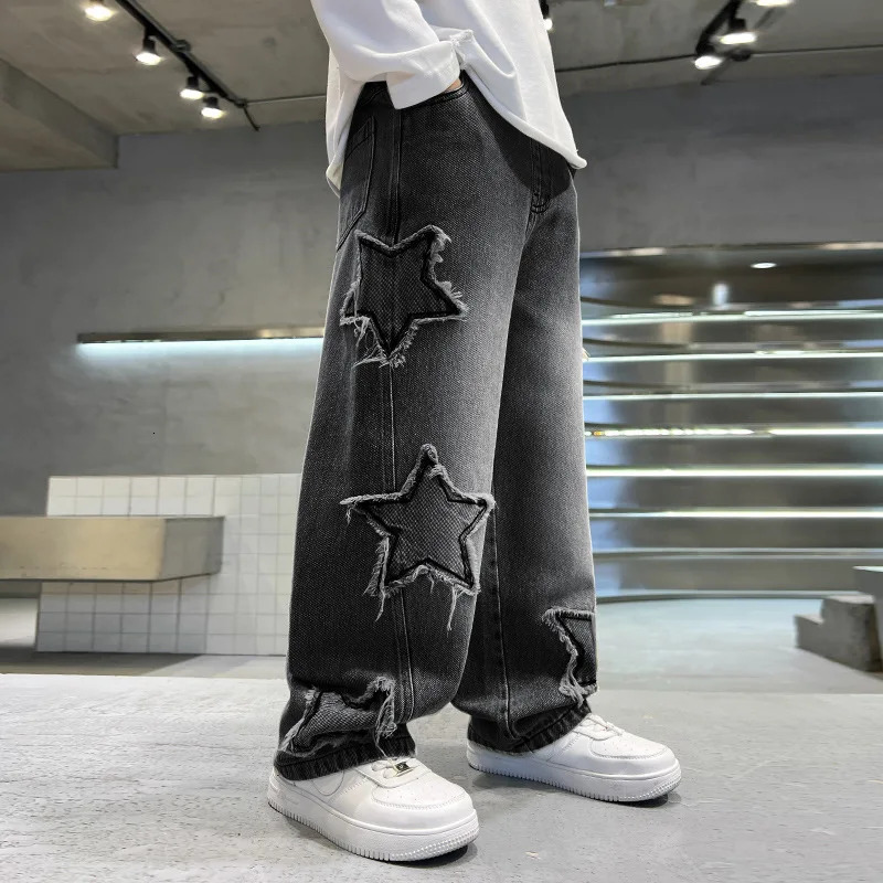 Fashion Teenager Boys Denim Wide Leg Pants Child Trousers Spring Autumn Star Splicing Raw Edge Jeans 514 Yrs Kids 260311