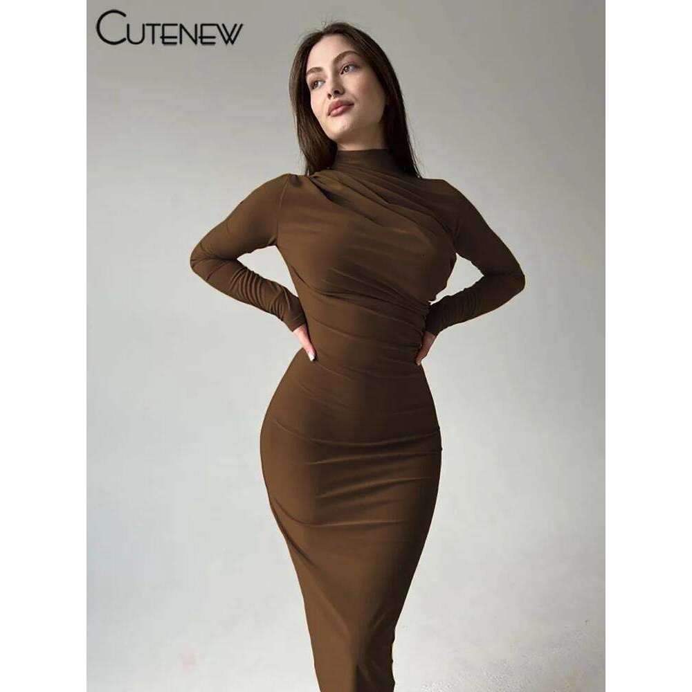 NIBBER Women's Elegant Solid O-neck Patchwork Maxi Dress Full Long Sleeves Body-shaping Robe Lady Evening Attirewear Vestidos C260311