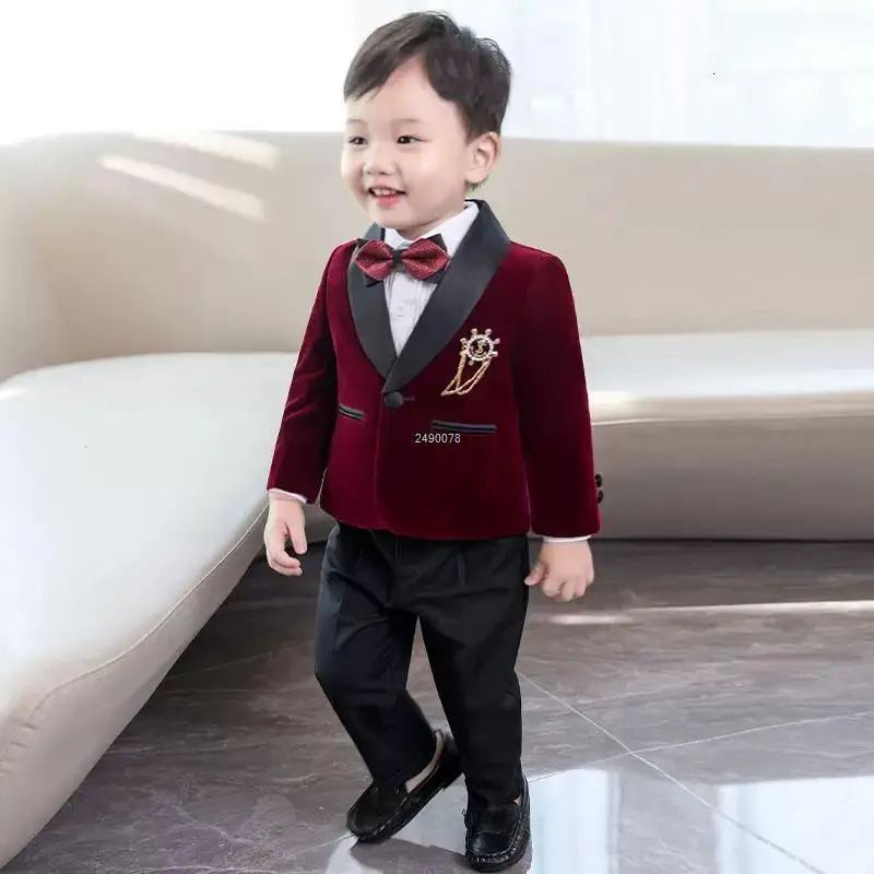 Kids 1 Year Birthday Dress Baby Boys Velvet Blazer Jacket Pants Pograph Suit Children Formal Wedding Performance Evening Wear 260311